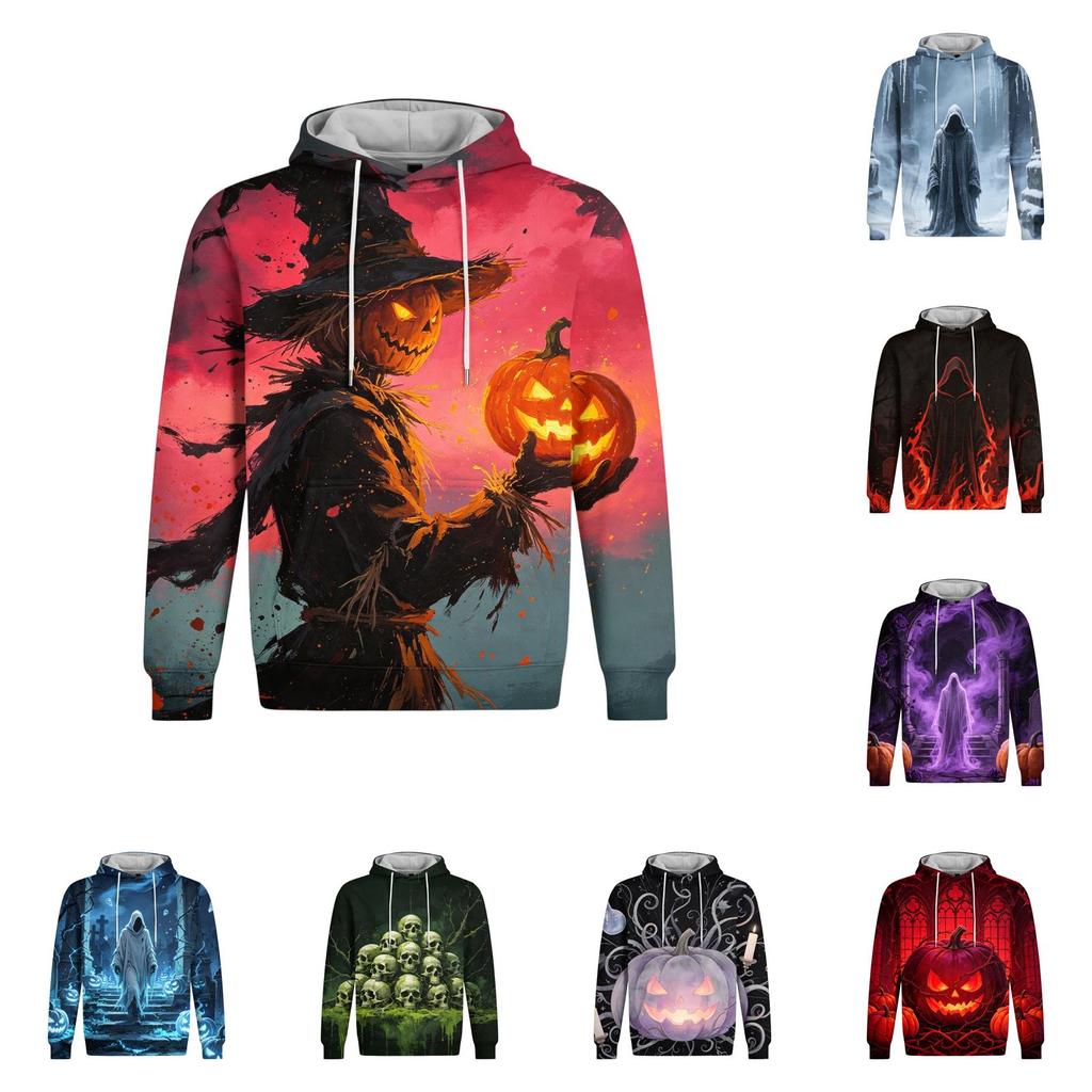 Men's Halloween Print Hoodie Long Sleeve Pullover Sweatshirt Casual Top