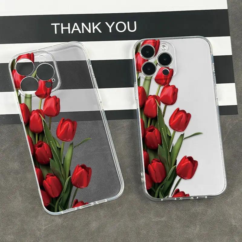 Exclusive for ins tulip flowers, suitable for Apple 17/16 transparent silicone 15promax all-inclusive mobile phone case