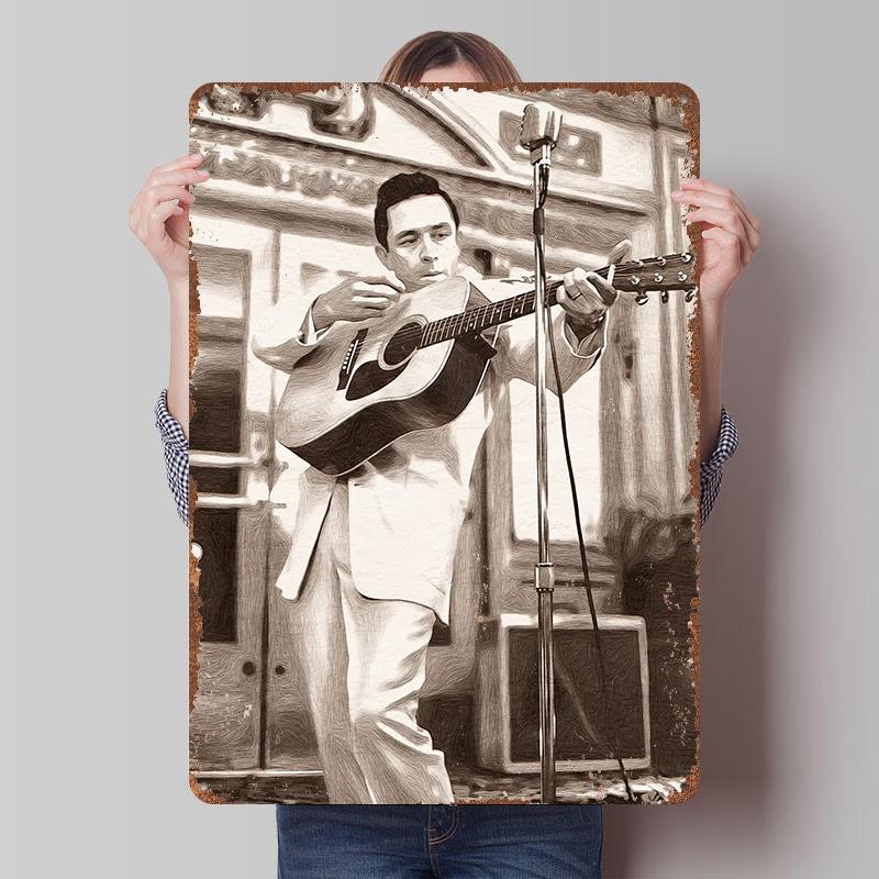 Johnny Cash spielt Gitarre Sepia-Ton Blechschild Poster Individuelle Wandkunst Retro Vintage Metallschilder für Man Cave Schreibtisch Dekoration