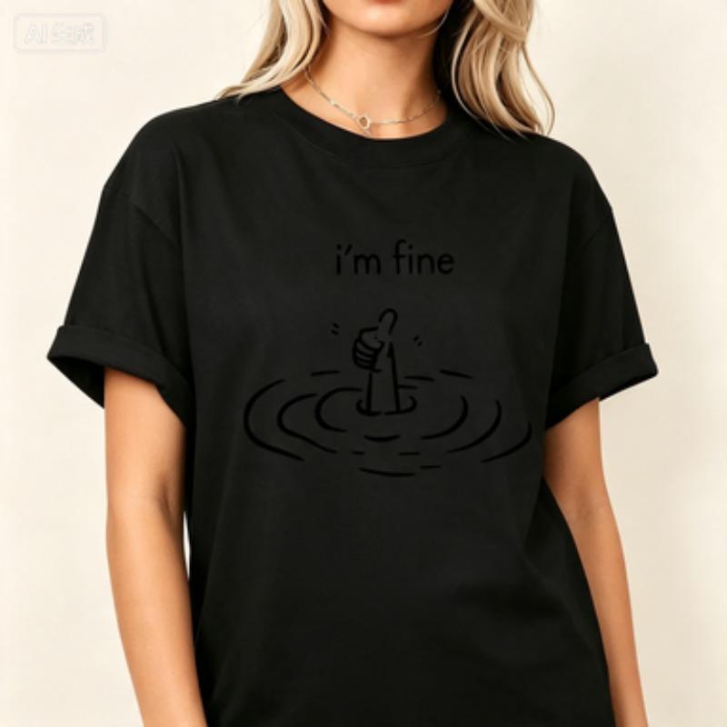 Unisex Cotton Tshirt Im Fine Funny Drowning Hand Graphic Tee Minimal Line Drawing Humorous Unisextal Mood Casual Crew Neck Tops