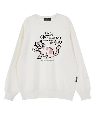 ASTRAL PROJECTION Doodle Cat Oversized Drop Shoulder Sweatshirt_White