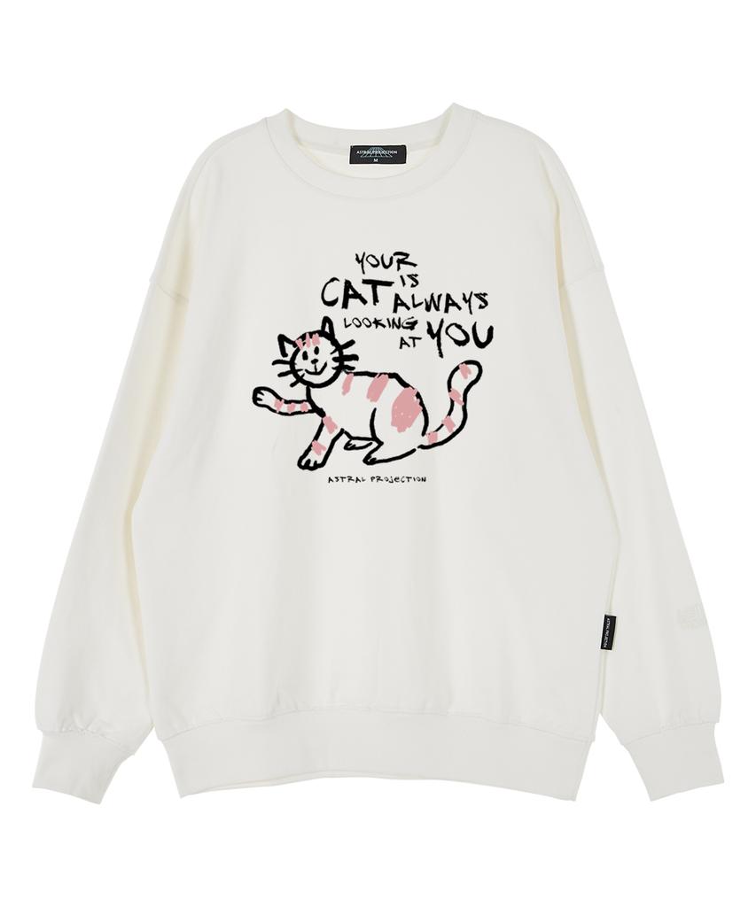 ASTRAL PROJECTION Doodle Cat Oversized Drop Shoulder Sweatshirt_White