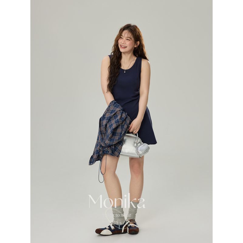 Monica Plus Size Women s Clothing Plus Size Ladies Spring/Summer New Arrival round Neck Mid-Length Vest Dress + Gingham Shirt Outfit Short dress XL