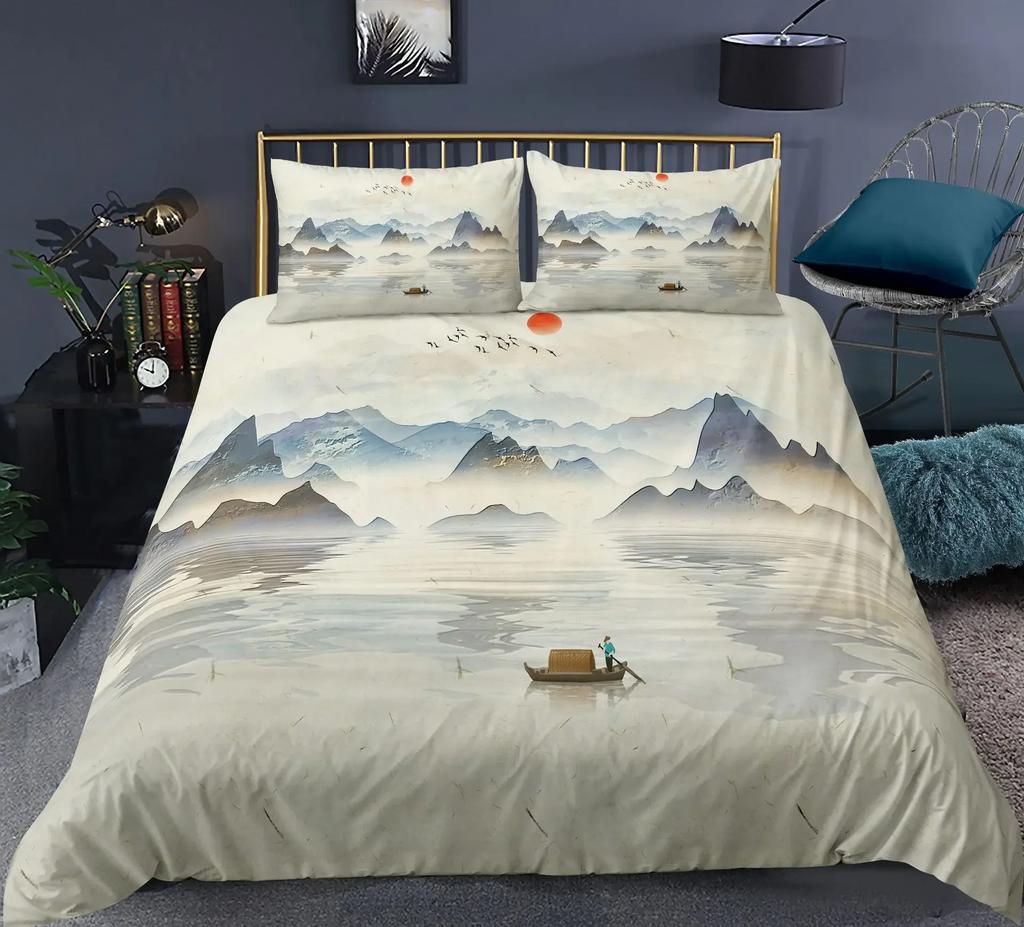 Nature Landscape Duvet Cover King/Queen Size,Chinese Ink Painting Style Bedding Set Mountain River 2/3Pcs Polyester Quilt Cover