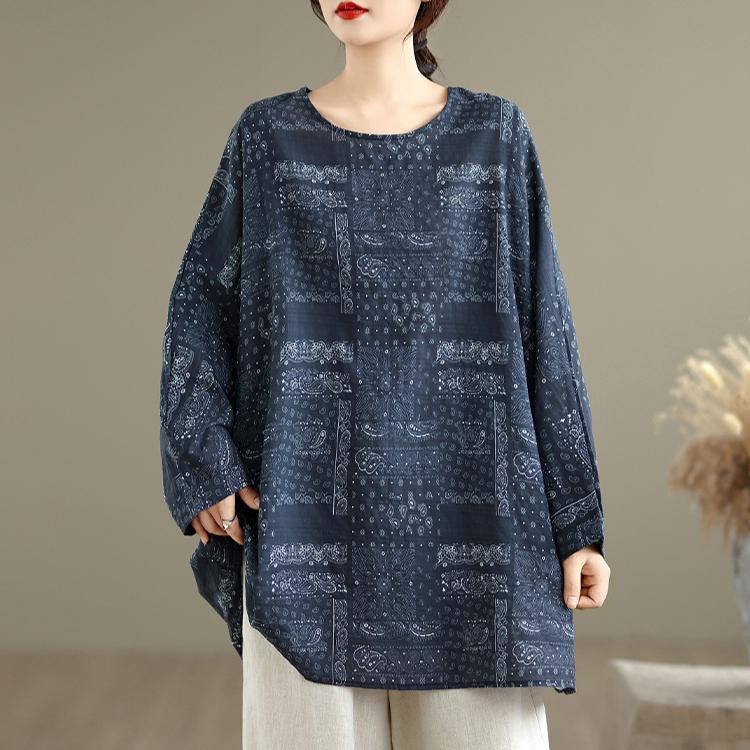 

DIMANAF 2025 Большой размер Осень Новая футболка Женщины Цветочный принт Свободный Повседневный Круглый вырез Топы Футболки Рубашки Оверсайз one size синий