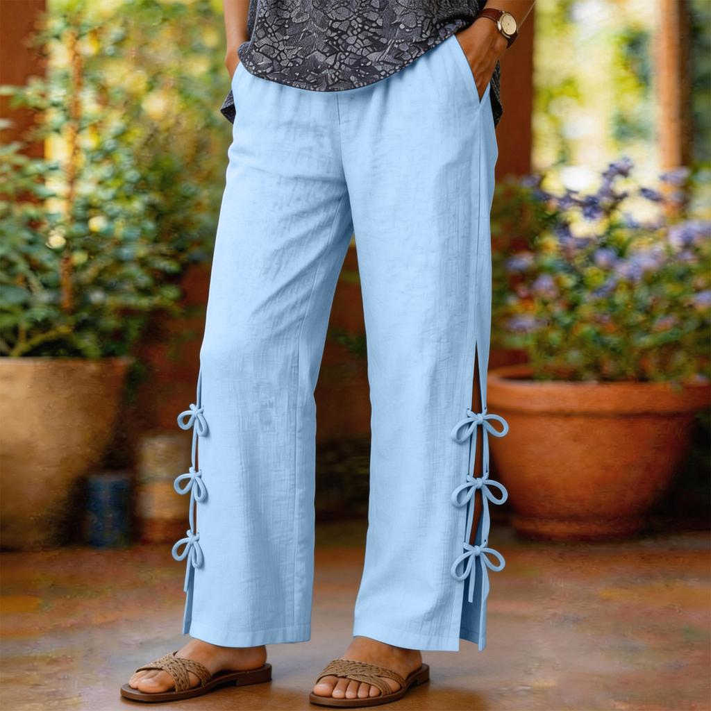 Women's Cotton And Linen Loose-fitting Color Casual Pants With Elastic Waistband, Side Slits  Design.