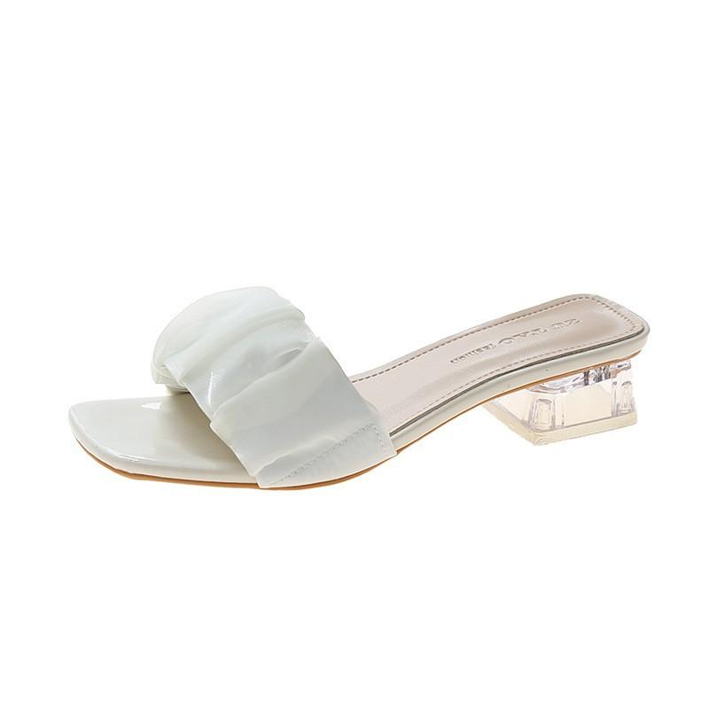 

Тапочки женские летние верхние носки 2025 новые сказочные ветры складные односложные тапочки средний каблук квадратная головка кристалл толстый каблук классные тапочки 35 белый