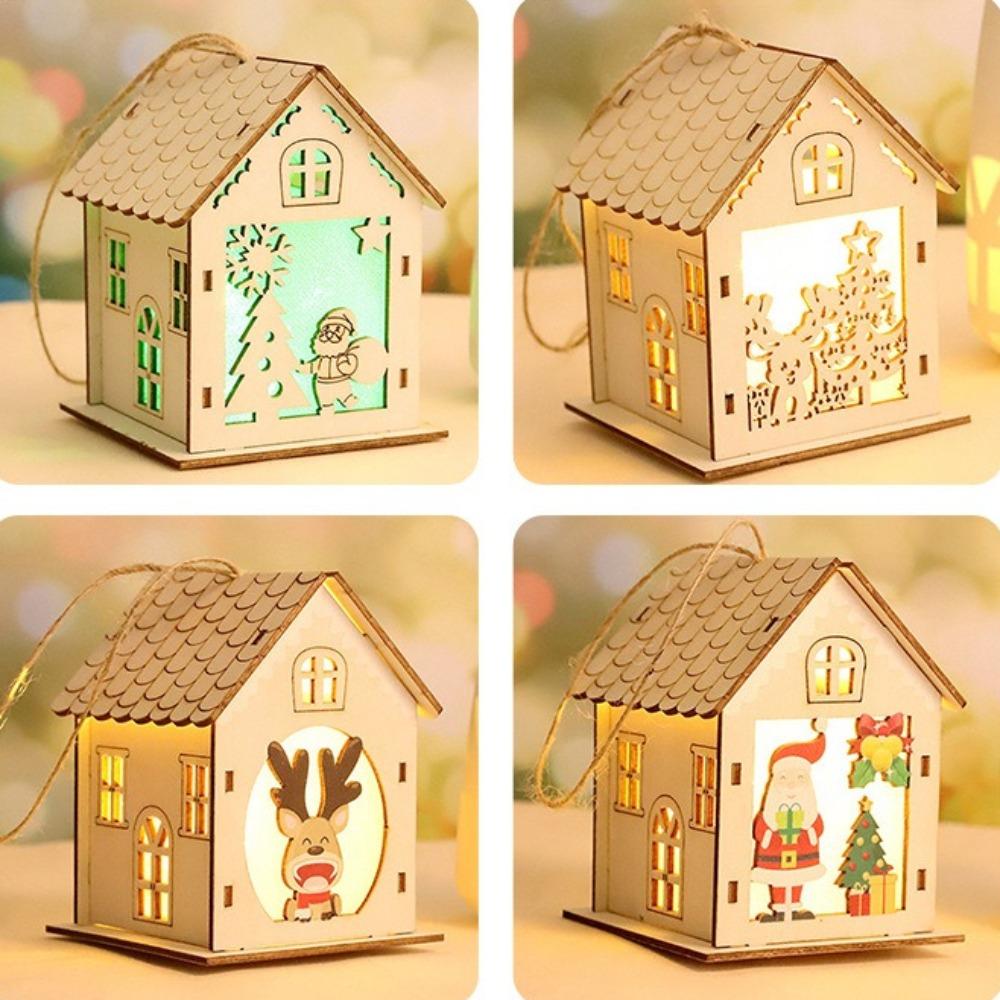 New Christmas LED Light Wood House Cute Christmas Tree Hanging Ornaments Holiday Decoration Home Decoration Accessories