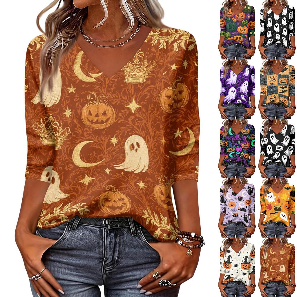 Women's Casual Halloween Print V Neck Three Quarter Sleeve Top Lightweight Soft Fabric Comfortable Fit