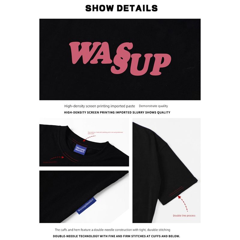 Wassup Heods Phantom Letter Logo Pure Cotton T-Shirt Summer Base Layer Loose Short-Sleeve Trendy Brand for Men and Women Couples