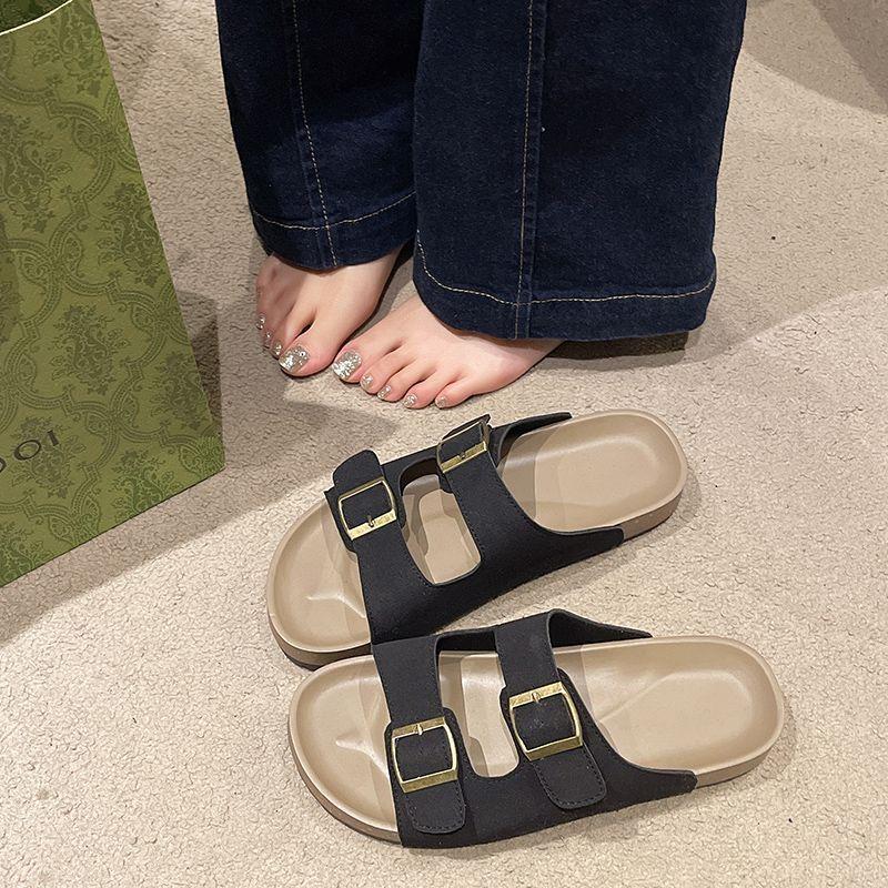 Thick-bottomed beach lazy cool slippers casual one-word buckle with Boken slippers women's summer wear 2025 new models