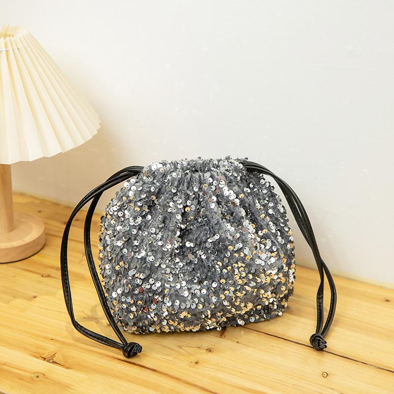 Fashionable Crossbody Bucket Bag with Women's Drawstring  Shoulder Bag Colored Sequin Bag