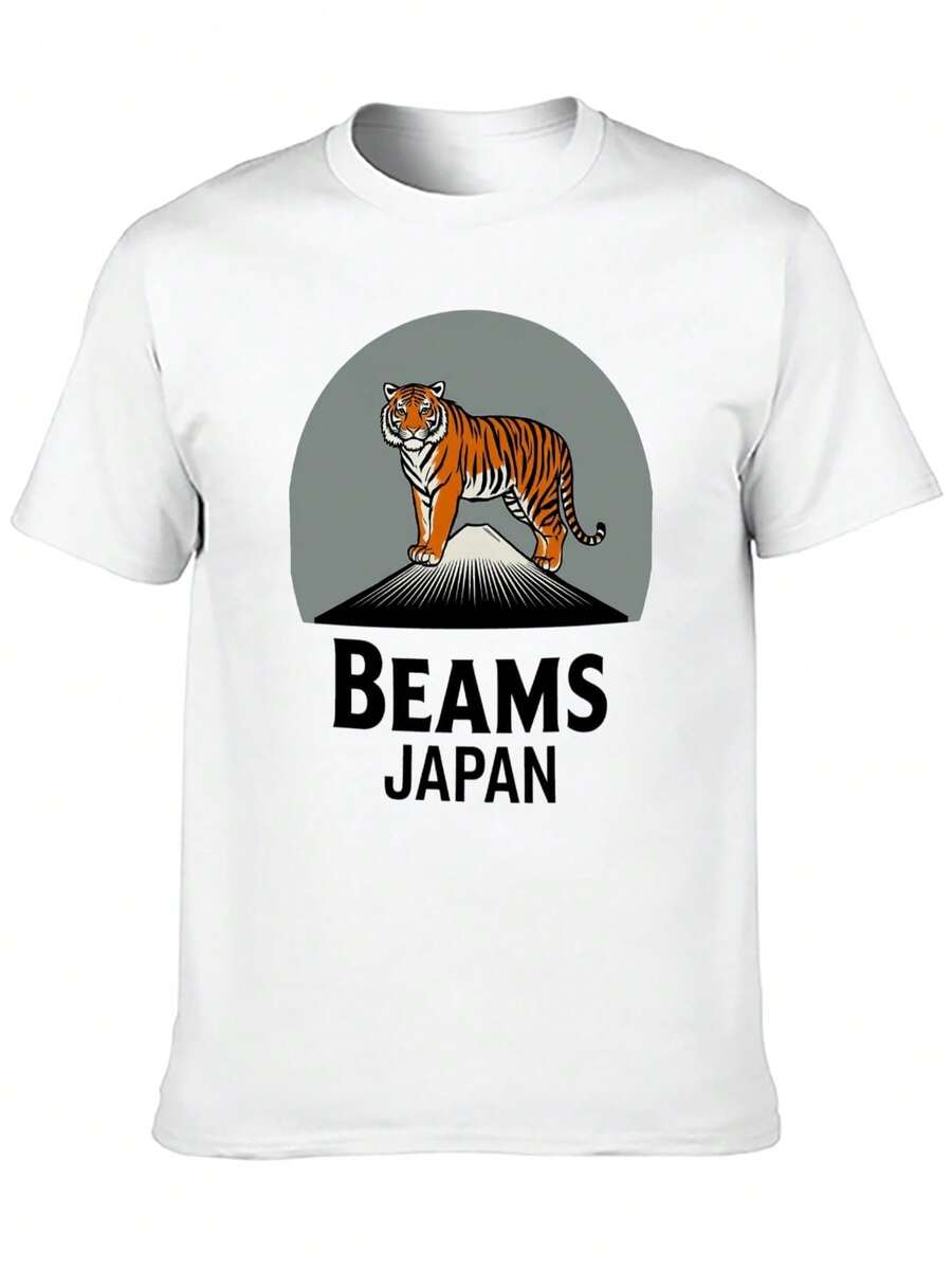 

BEAMS JAPAN Unisex s Casual Short Sleeve T-Shirt Regular Fit Round Neck Tiger Graphic Print S