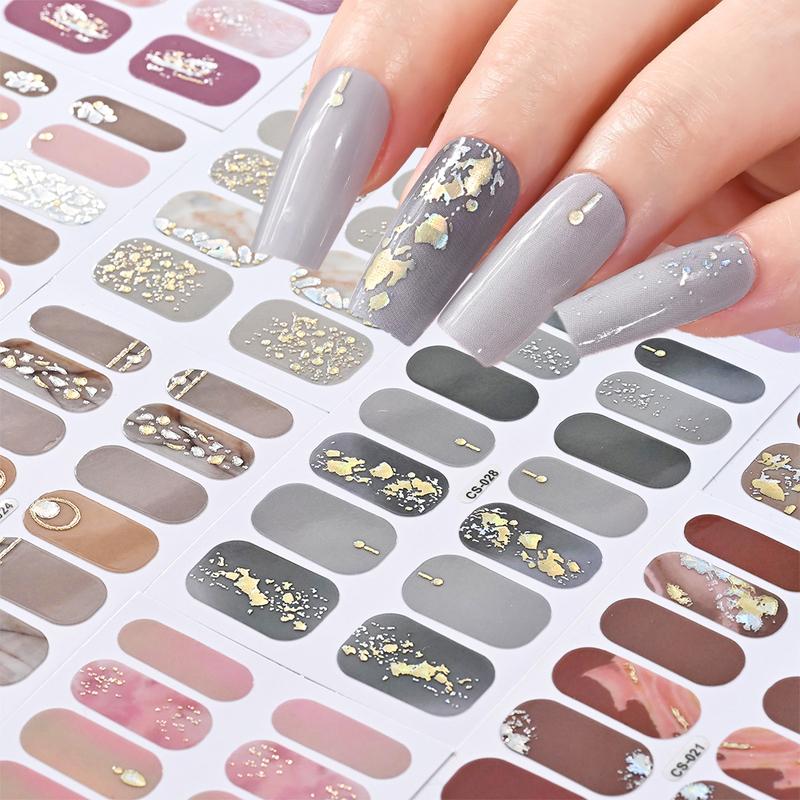 14 Tips/sheet Women Girls Full Cover Self-adhesive Nail Polish Stickers Baking Free Marble, Shell Pattern Nail Wrap Decals Decor
