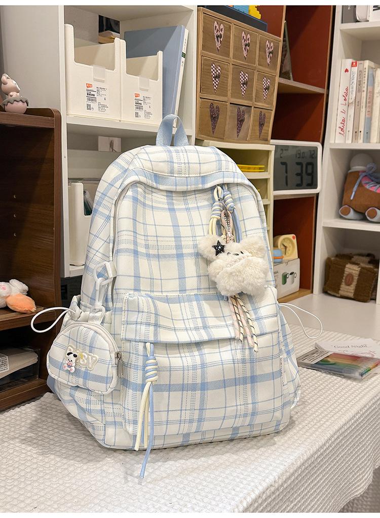 Schoolbag Soft Mist Milk Blues Healing Textured Plaid Middle School Backpack Women's Milk Huhu Sweet Soft Sister Travel Small Backpack