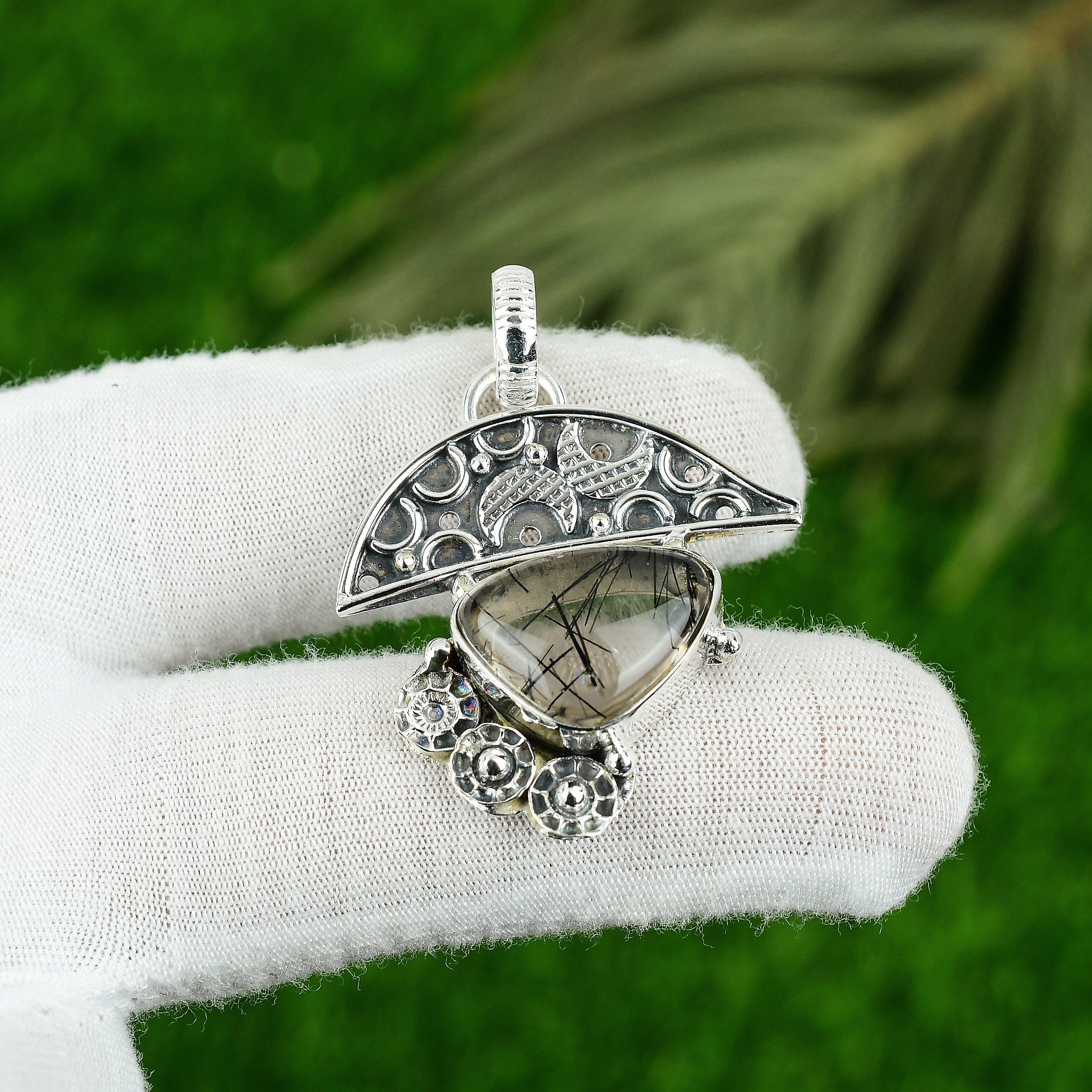 925 Silver Trillion Natural Black Rutile Anniversary Daughter Bezel Boho Pendant