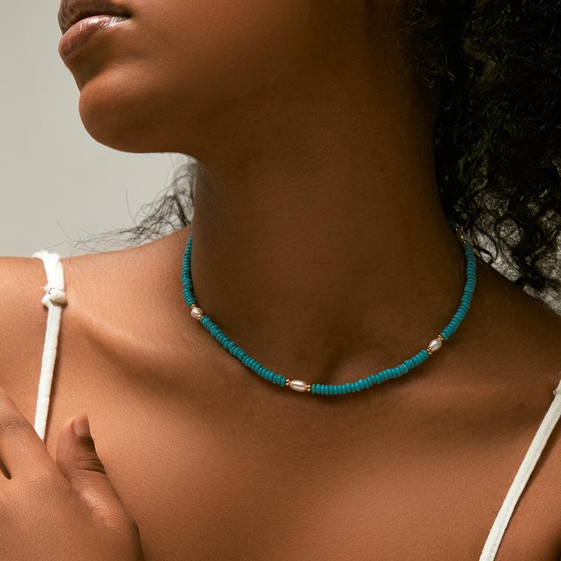 Turquoise Seed Bead Freshwater Pearl Adjustable Choker Necklace