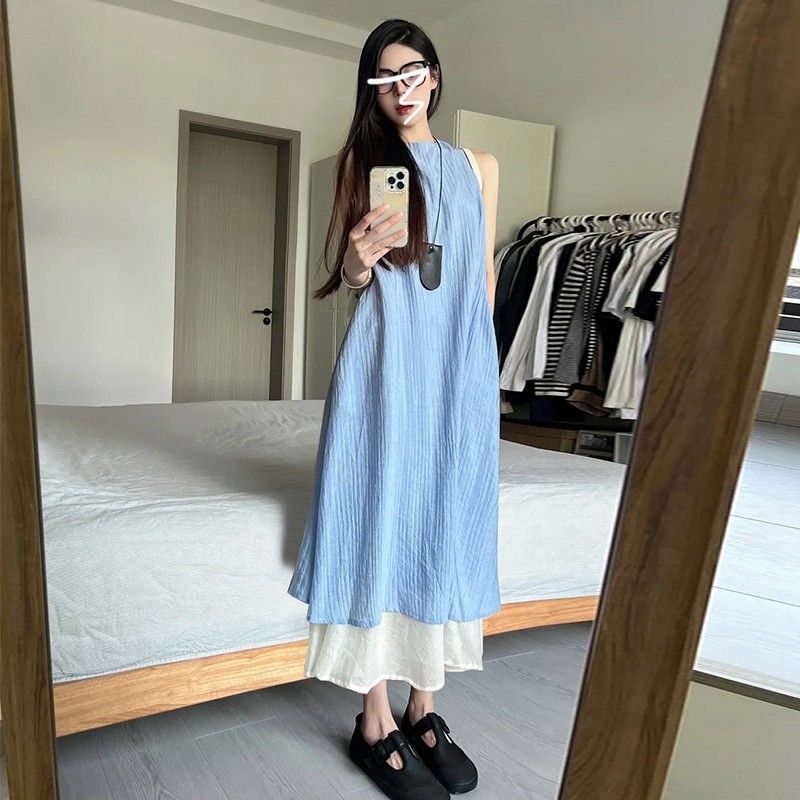 

Поддельное платье из двух частей, женская одежда, летняя новая свободная и тонкая длинная юбка с подвеской S синий