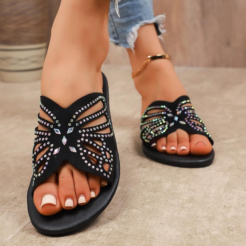 Fashion Plus Size Cutout Breathable Flat Slippers Women's Vintage Round Toe Open Toe Rhinestone Butterfly Soft Sole Beach Cool Mopping