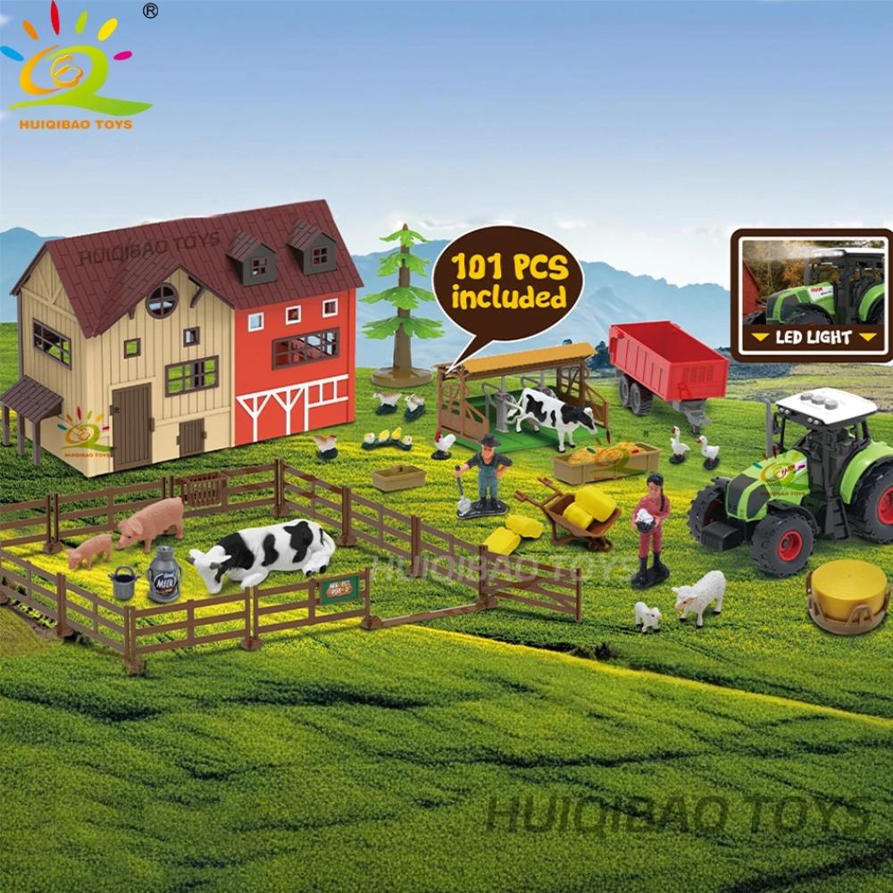 HUIQIBAO דגם אסם חיות משק מדומה הרכבה בית חווה גדר עופות פרה יצירה בית משחק צעצועים לילדים מתנת חג