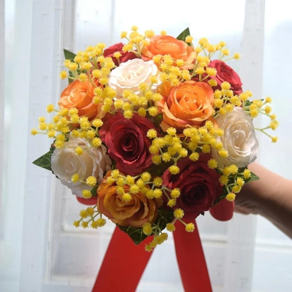 Romantická svatební kytice se saténovou stuhou Víceúčelová Květiny pro nevěstu Umělé růže Real Touch Kytice pro svatbu