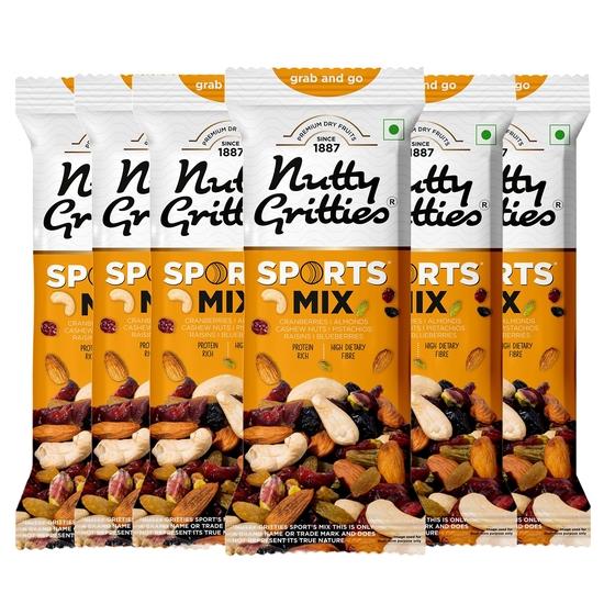 Nutty Gritties Grab And Go Sports Mix | 240g (Each Pouch 40g, Pack of 6) - Roasted Almonds, Cashews, Pistachios, Dried Blueberries 240GM