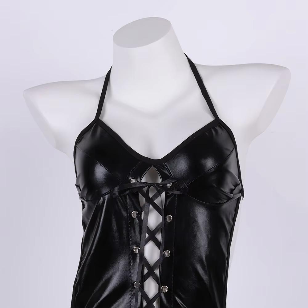 Latex Leather Underwear Women Hollow Bra Set Erotic Costumes Backless V Neck Baby Doll Dress Plus Size Corsets Sexy Lingerie Set