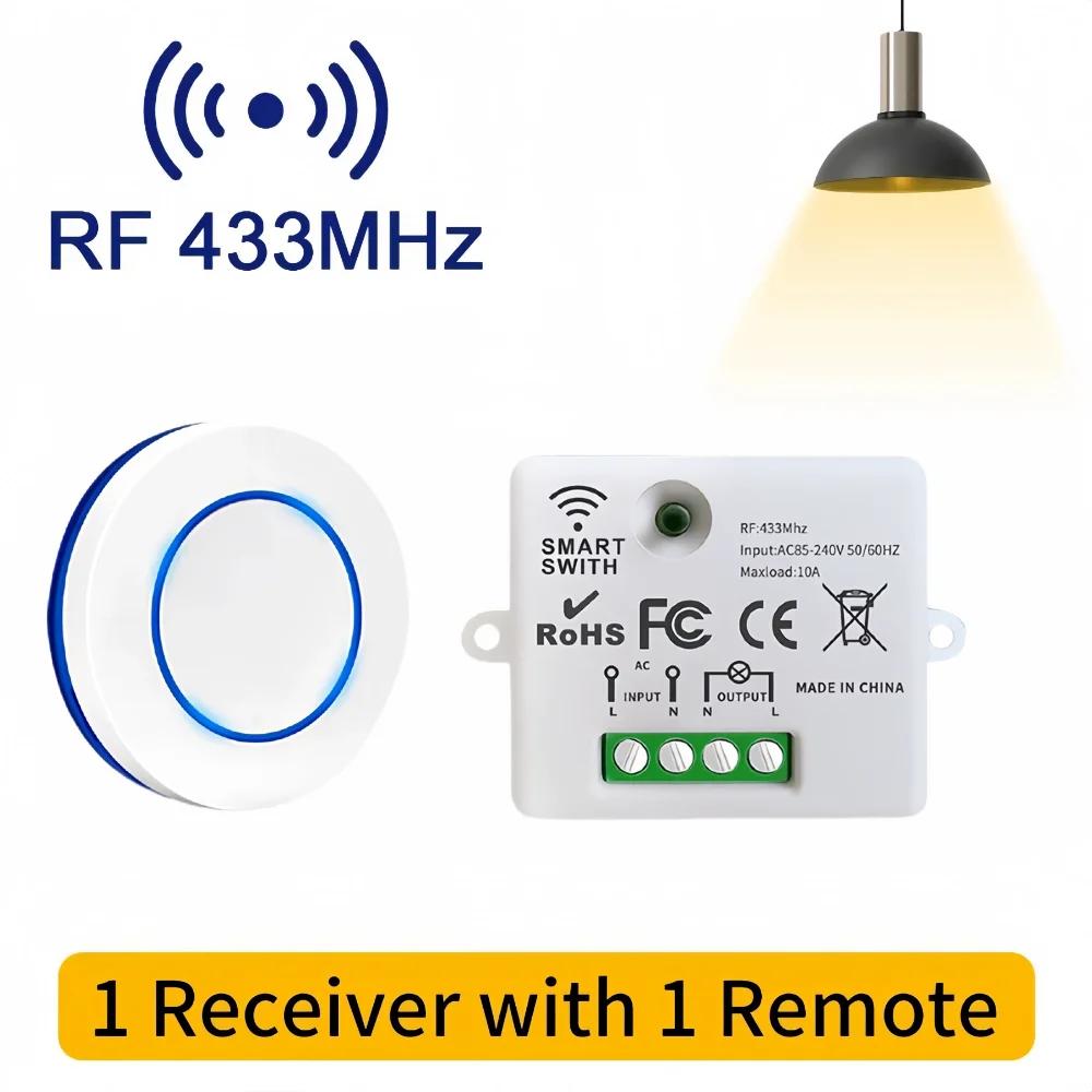 RF 433MHz Wireless Remote Control Light Switch 220V 110V 10A Relay Receiver Mini Round Button Wall Panel Switch For LED Lamp