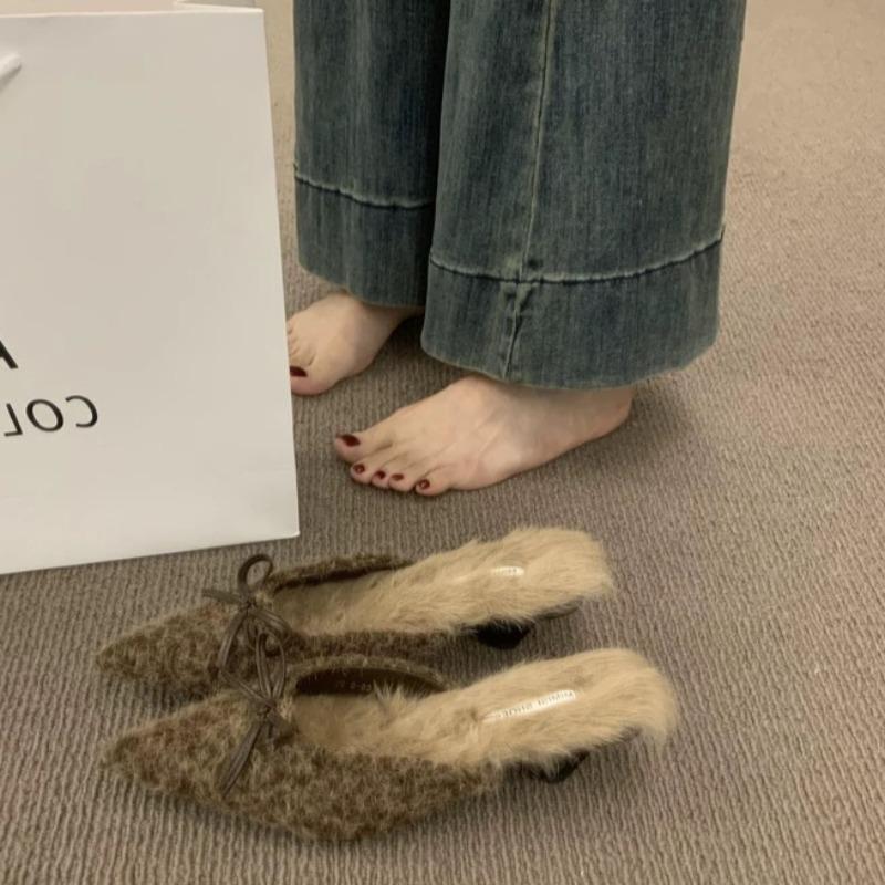 Fashion Women's Baotou Slippers Winter New Pointed Head Shallow Mouth Butterfly Knot Anti-slip Wear-resistant Cotton Shoes