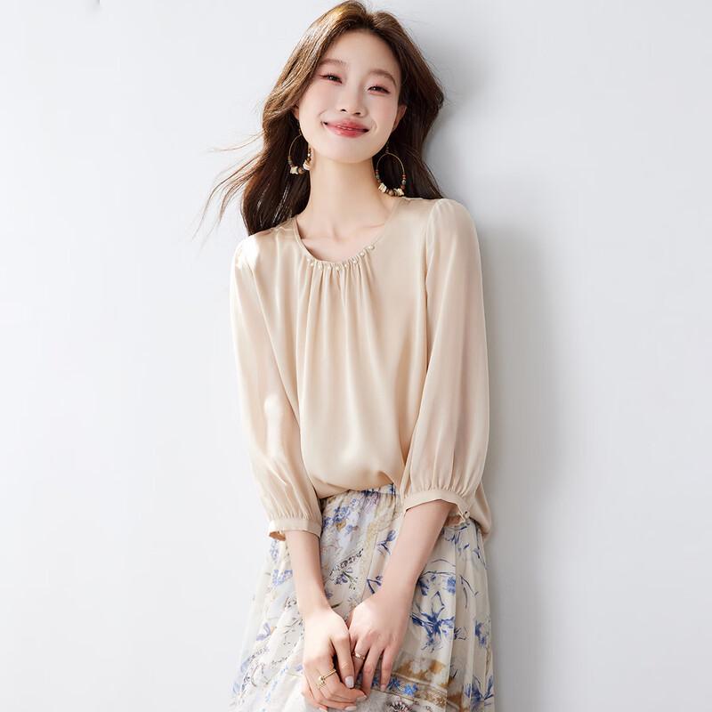 Srcr Women s 19 Momme Silk Beaded 3/4 Sleeve T-shirt XL
