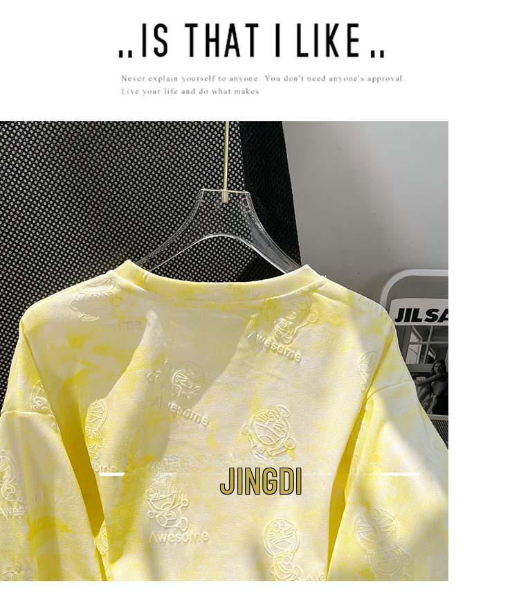 Korean Style Women's Tie-Dye Loose Fit Pure Cotton Short-Sleeve Top with Diamond Accent, Mid-Length Round Neck, Large Size.