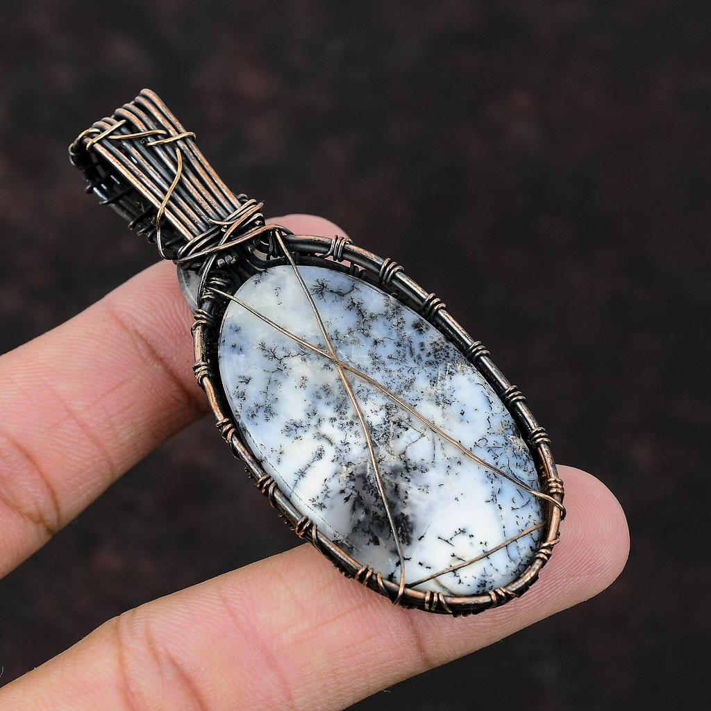 Dendrite Opal Pendant Copper Wire Wrapped Pendant Rainbow Moonstone Gemstone Jewelry Healing Stone Pendant Handmade Copper Wire Wrap Jewelry