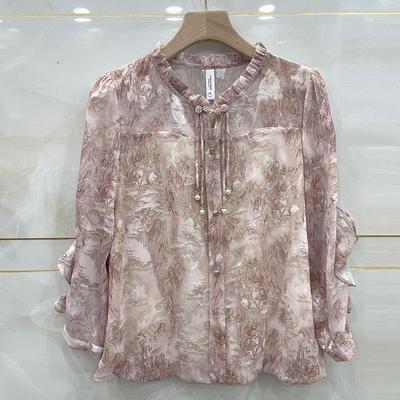 Frühlingshaftes florales Chiffon-Hemd Damen Locker sitzend Mode Schlankmachend Bedruckt Spitzenkragen Bluse