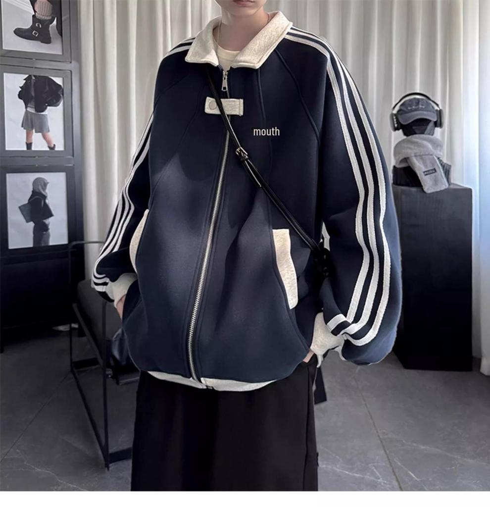 American College Style Plus Size Striped Hoodie - Unisex Casual Loose Cardigan