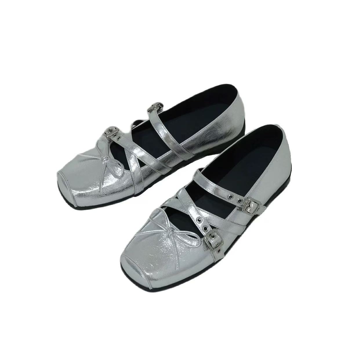 

Модные женские балетки Летние новые туфли с квадратным носком и мелким вырезом, с бантом-бабочкой, заклепками и металлической пряжкой, на мягкой подошве, с низким верхом 35