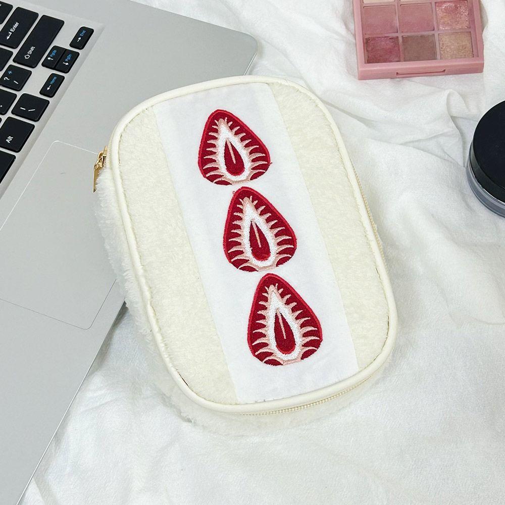 Kawaii Fuzzy Pen Bag Cute Embroidered Multi-functional Makeup Bag Strawberry Sandwich Stationery Pouch Studennts