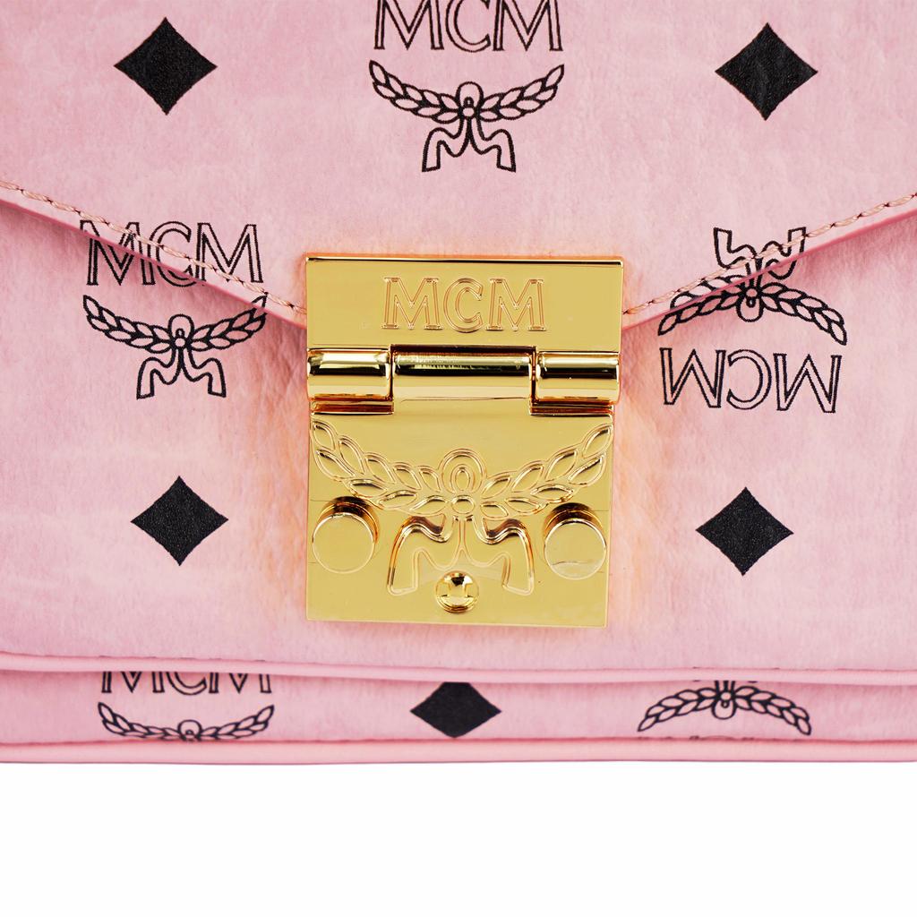 MCM Pink Visetos Leather Flap Top Handle Satchel Crossbody Bag with Gold Hardware for Daily Use