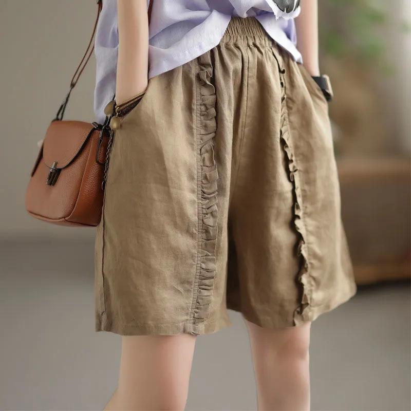Women's Retro Pleated Cotton-Linen Harem Shorts – Casual, Loose, Elastic Waist for Spring/Summer