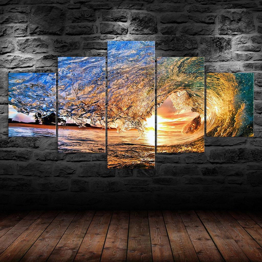 Ocean Wave Sunset Beach Scenery 5 Piece Five Panel Canvas Print Modern Wall Art Poster Home Decor Gift For Him For Her