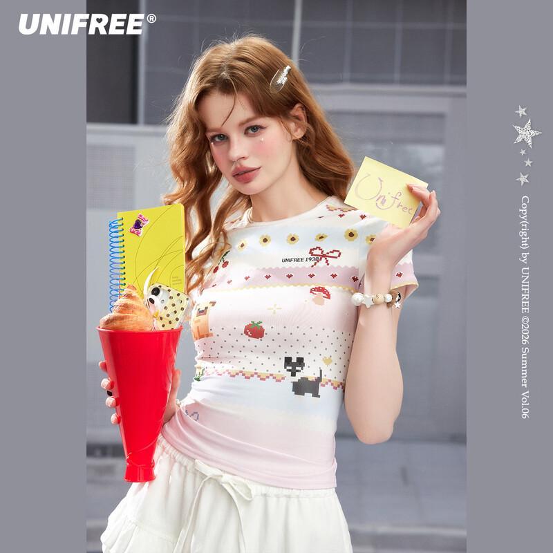 UNIFREE 2026 Summer Pixel Print Striped T-Shirt L
