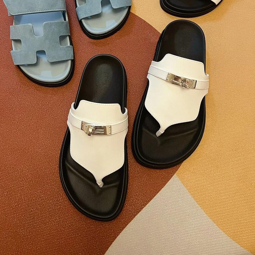 Sheepskin British Small Gold Buckle Leather Thick-soled Flip-flops Women's Summer Outer Wear Pinch Foot Flip-flops Muffin Cool Slippers