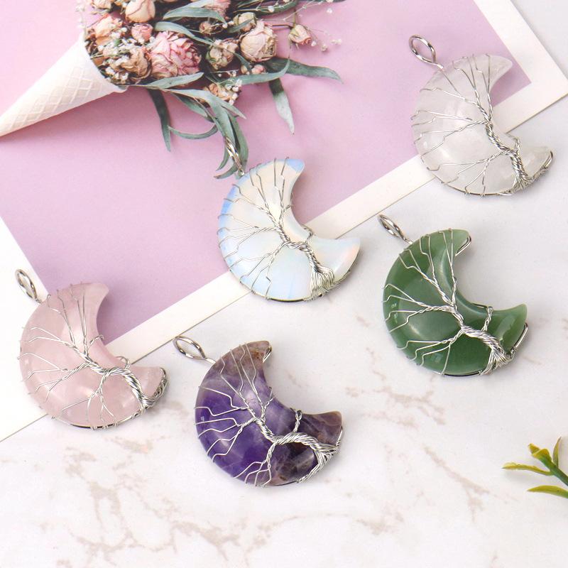 Natural Amethyst Moon Tree Of Life Pendant Necklace Handmade Crystal Fortune Tree Jewelry N512