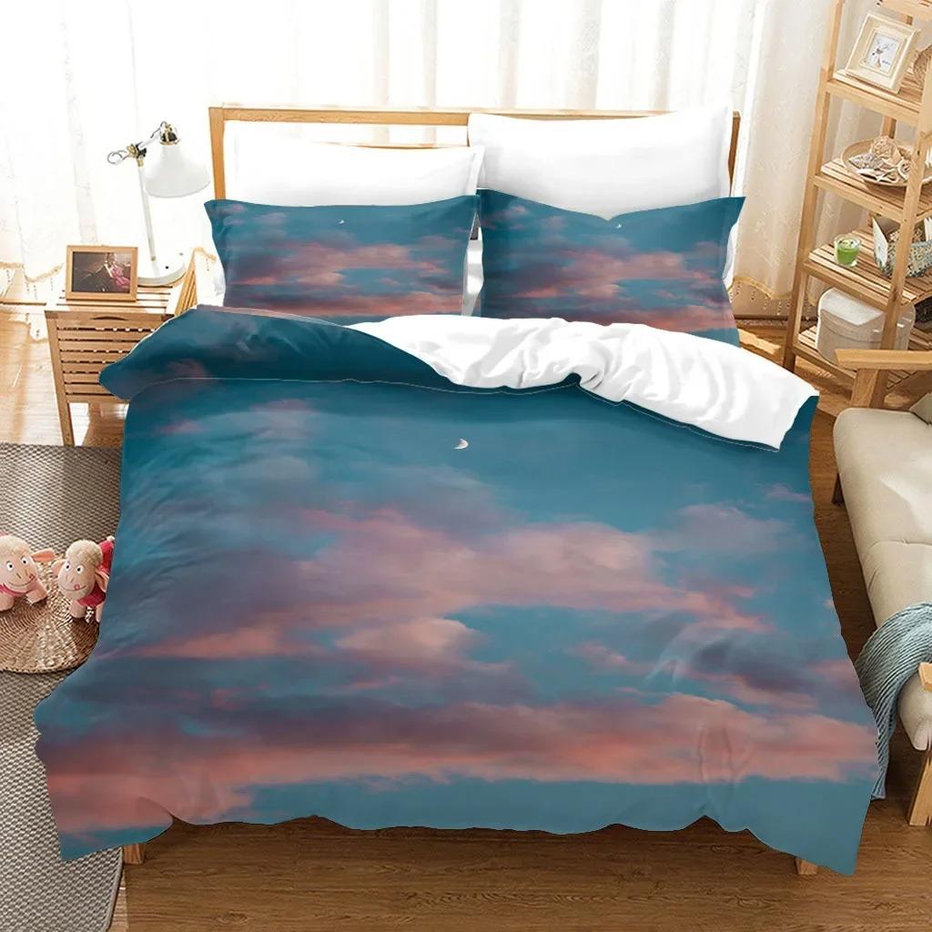 Cloud Sky Duvet Cover Set King/Queen Size,pink Blue-green Beautiful Natural Scenery Soft Bedding Set for Kids Teens Adults Girls