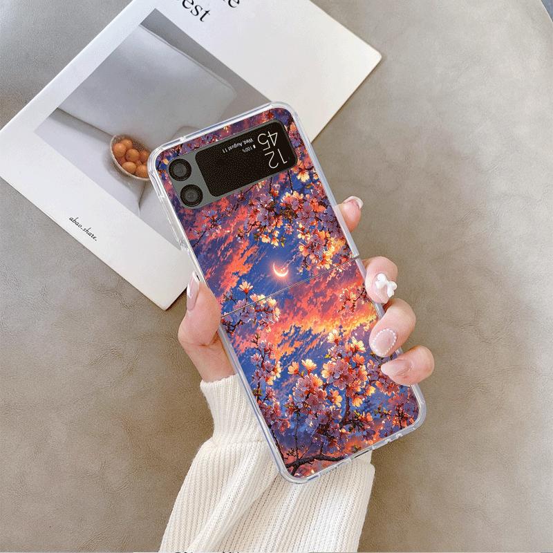 Moon Cherry Blossom Pattern Scenery Clear Phone Case for Samsung Galaxy Z Flip 7 Flip 6 5 4 3 5G Folding Cover for Z Flip7 Flip5