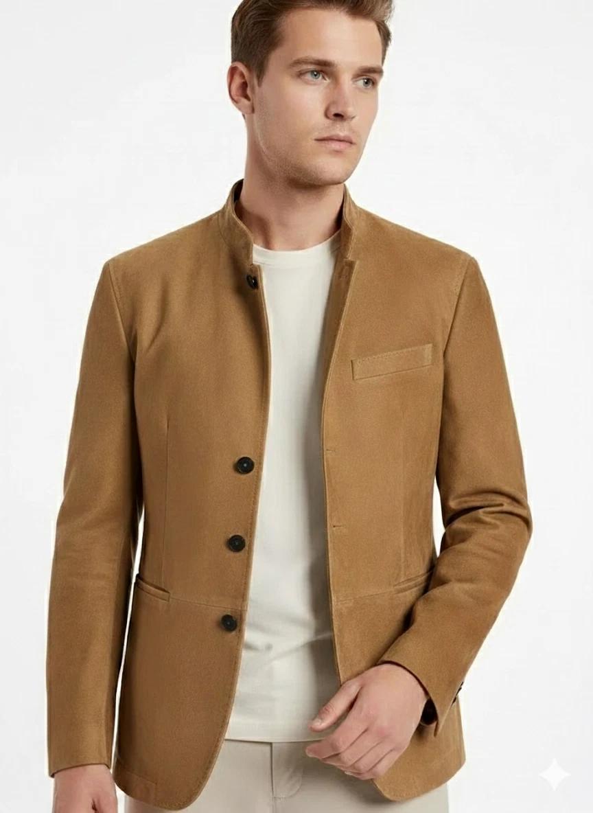 

Men s Formal Brown Suede Stylish Handmade Genuine Real Lambskin Leather Office Blazer 3XL коричневий
