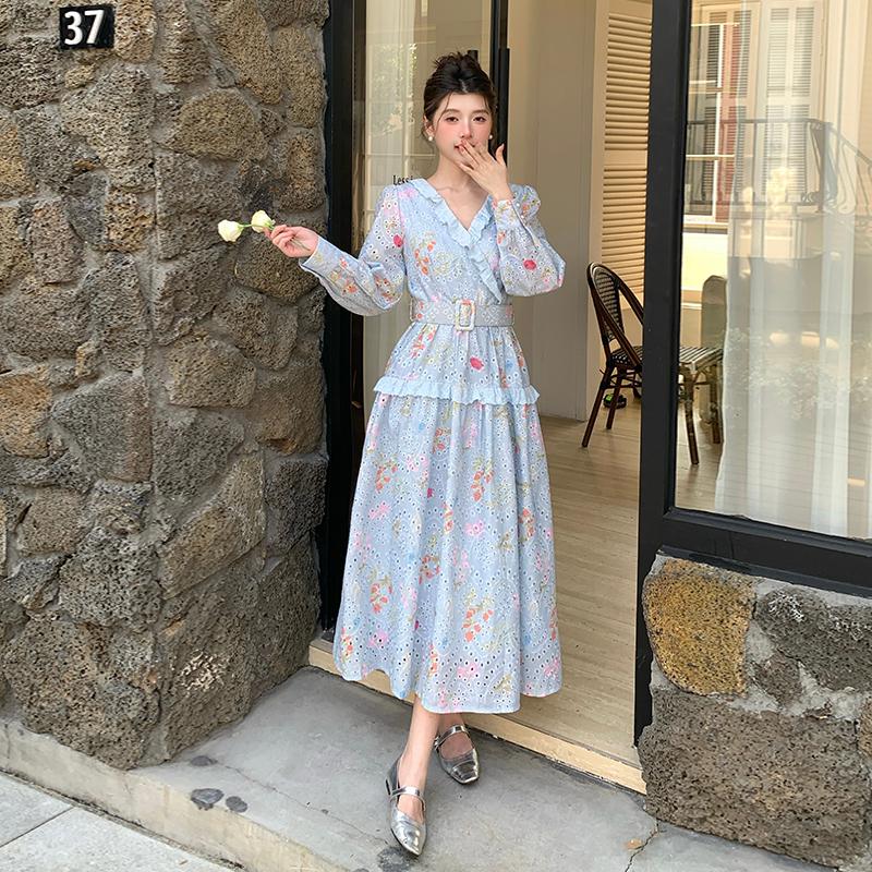 

Spring Holiday Crochet Lace Embroidery Hollow Out Floral Print Party Dress Women s Long Sleeve Pearl Buttons Up Belt Clothing 2XL