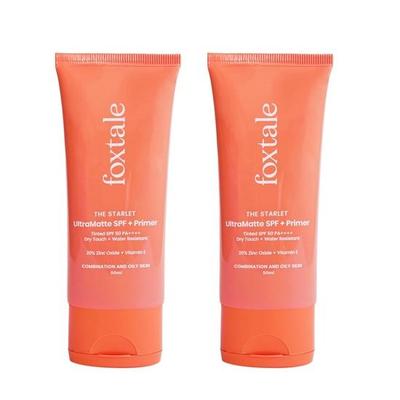 Foxtale Pachet de 2 Ultra Mat SPF 50 PA++++ & Primer | Nuanța 1 | Protecție solară minerală nuanțată cu 20% oxid de zinc și vitamina E - 50ml