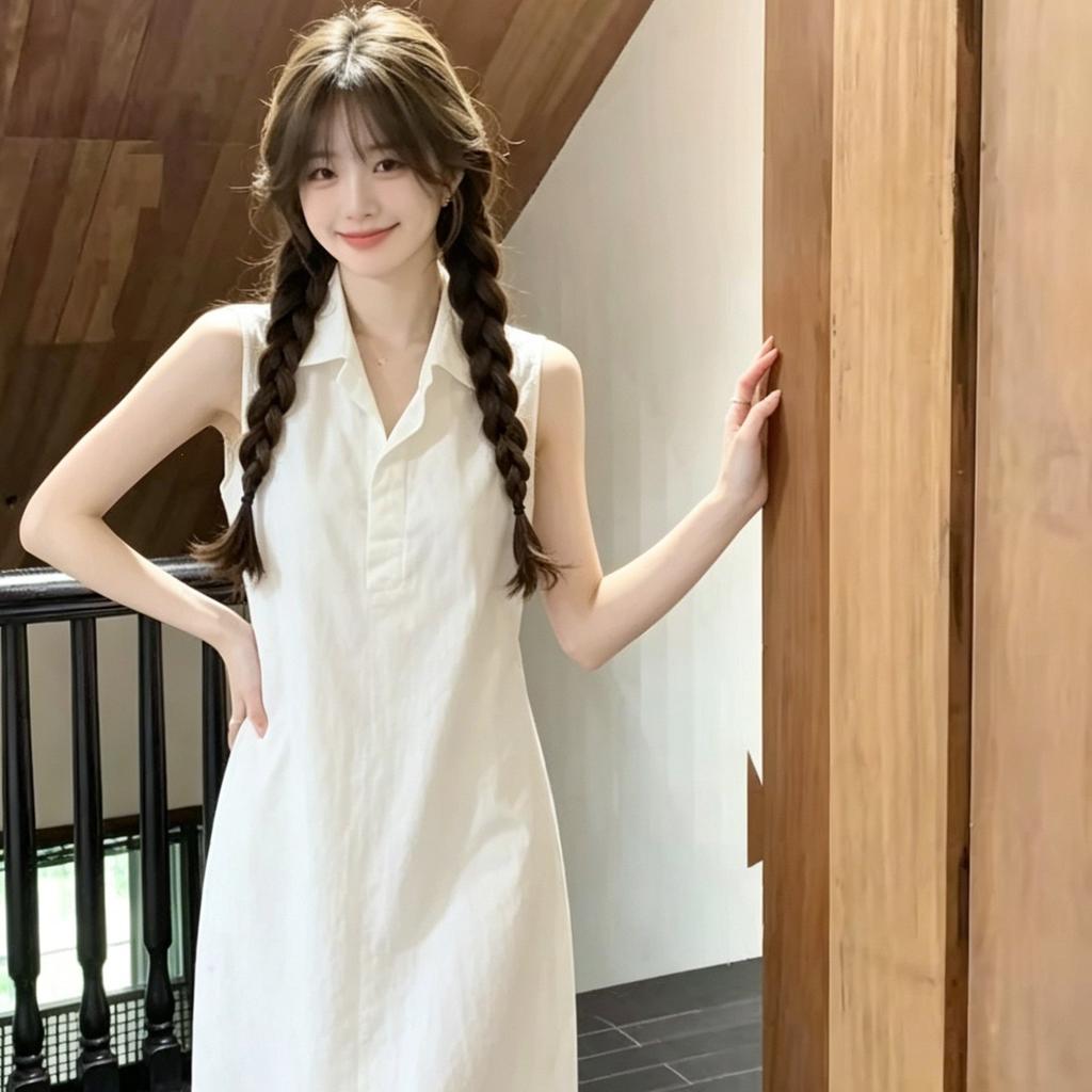 2026 simple lapel sleeveless dress women's summer loose and thin temperament commuter style solid color straight medium and long dress women