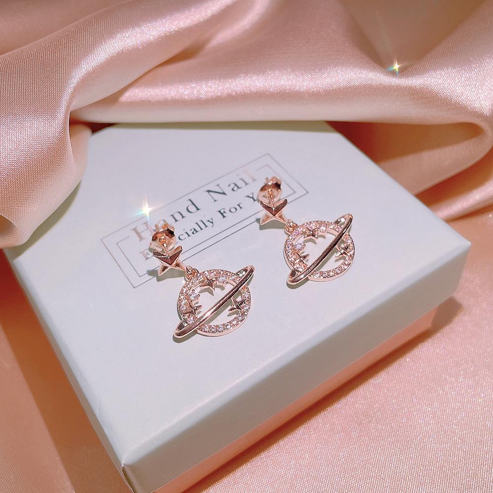 Star Moon Earrings Globe European and American Women's Fashionable Temperament Exaggerated Personality Zircon Three Piece Jewelry