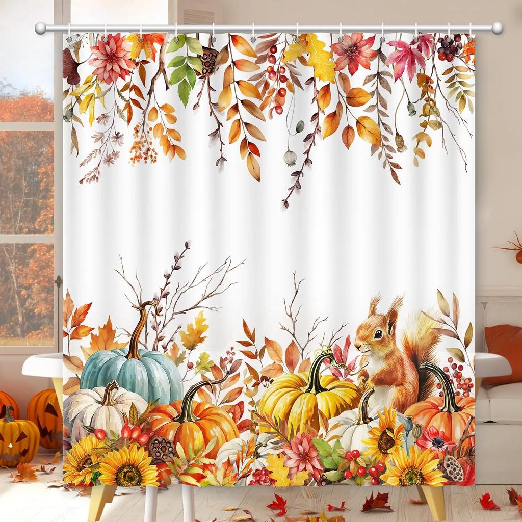 Fall Leaf Pumpkin Shower Curtain Autumn Maple Leaves Bathroom Curtain Thanksgiving Harvest Bath Curtain Rustic Farmhouse Decor